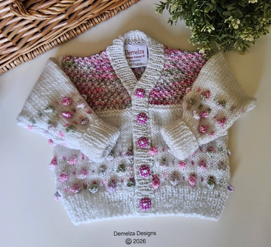  Bobble Design Hand Knitted Baby Girl's Cardigan with Merino Wool 3-6 mth size
