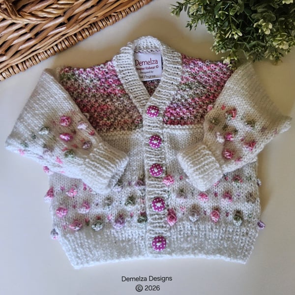  Bobble Design Hand Knitted Baby Girl's Cardigan with Merino Wool 3-6 mth size