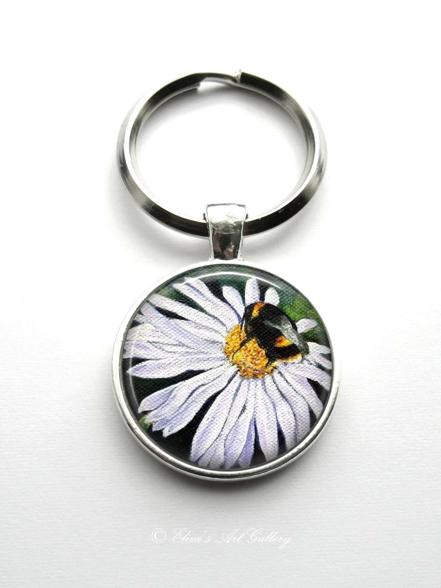 Silver Plated Bee on Flower Art Cabochon Keyring