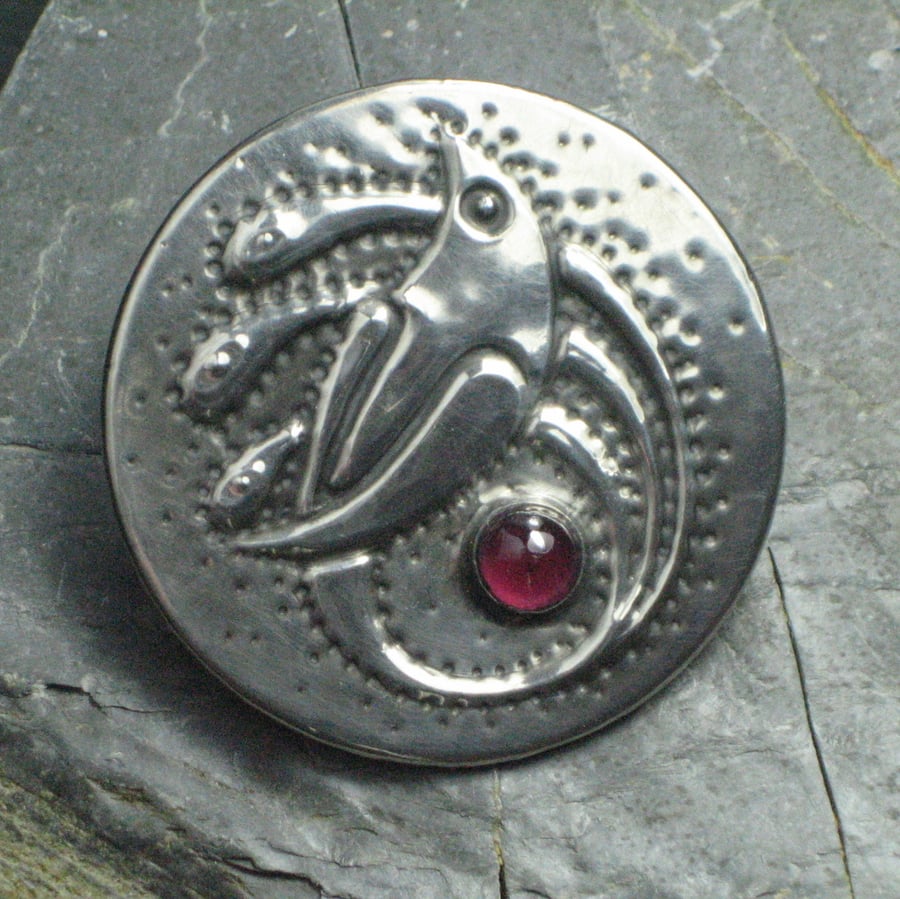 Silver Pewter Bird-of-Paradise Brooch with Garnet