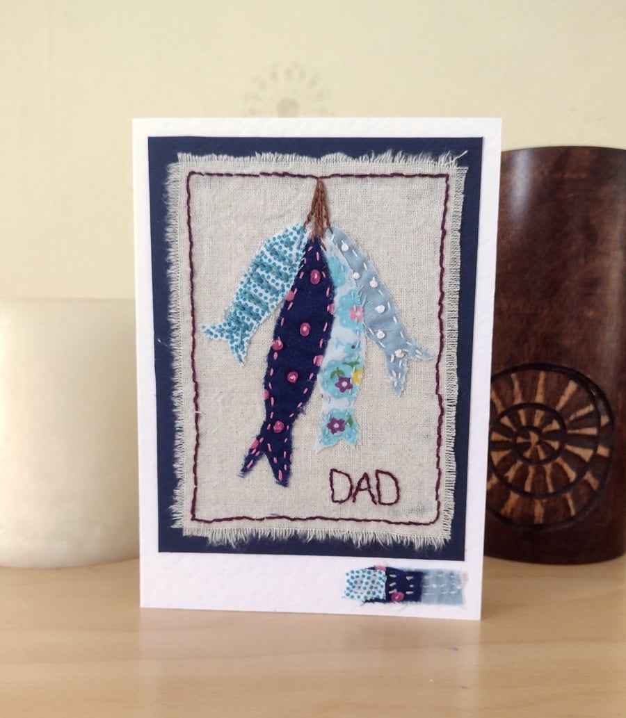 Fishing Card for Dad - Hand-Stitched - Fabric Card - Textile Card - Blank Card