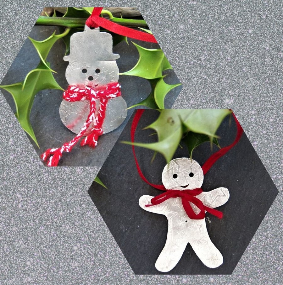 Snowman & gingerbreadman pewter tree decorations - 2
