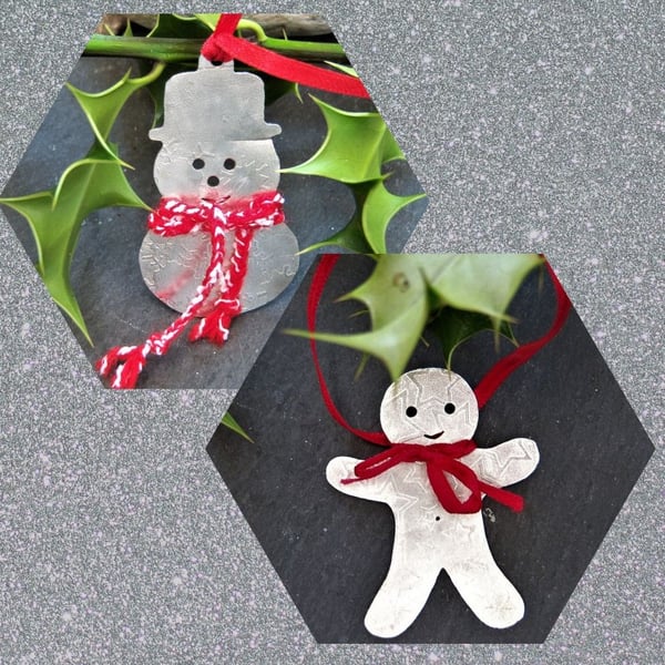 Snowman & gingerbreadman pewter tree decorations - 2