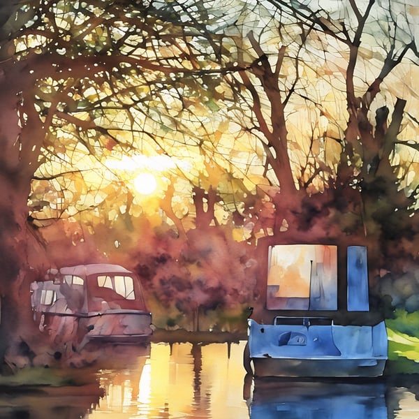 Print of Original Water Colour A4 Sunrise on The Norfolk Broads