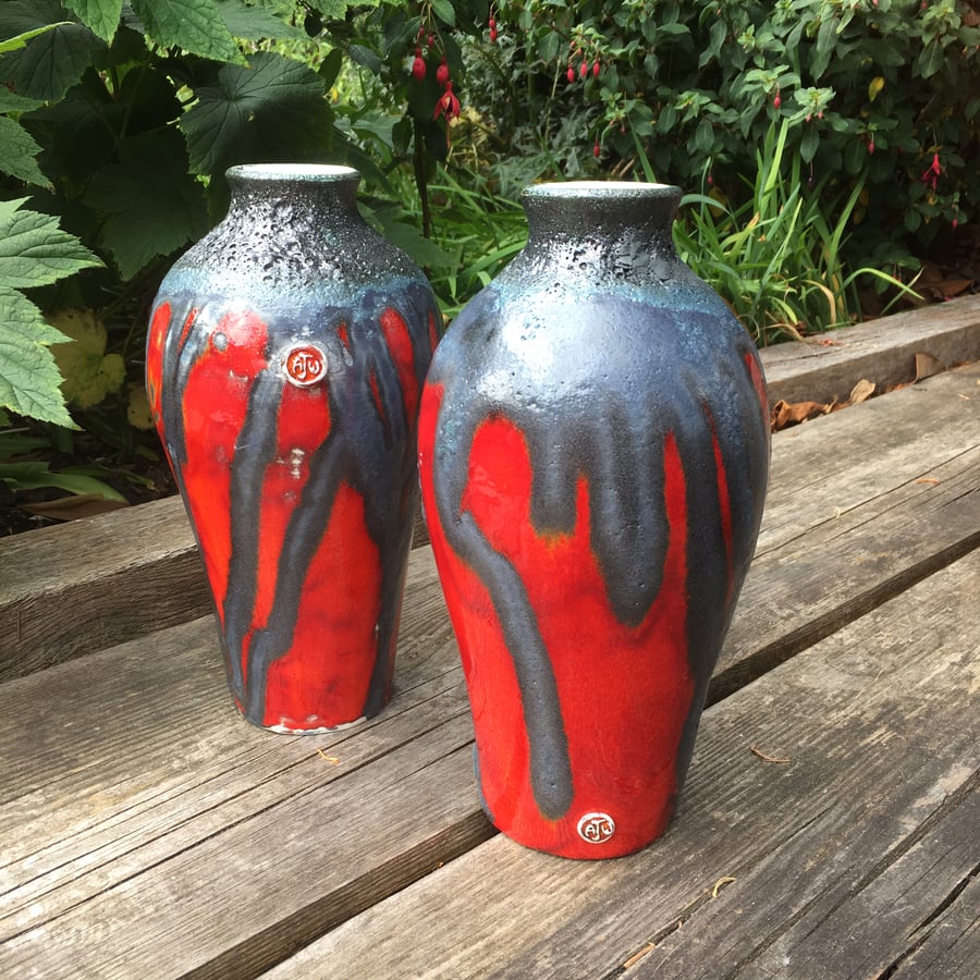 Red & Black urn shaped vase, retro black textured lava glaze, studio pottery