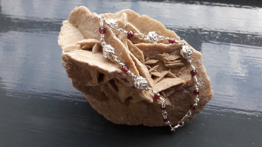 Sterling Silver Garnet and Rose Bracelet
