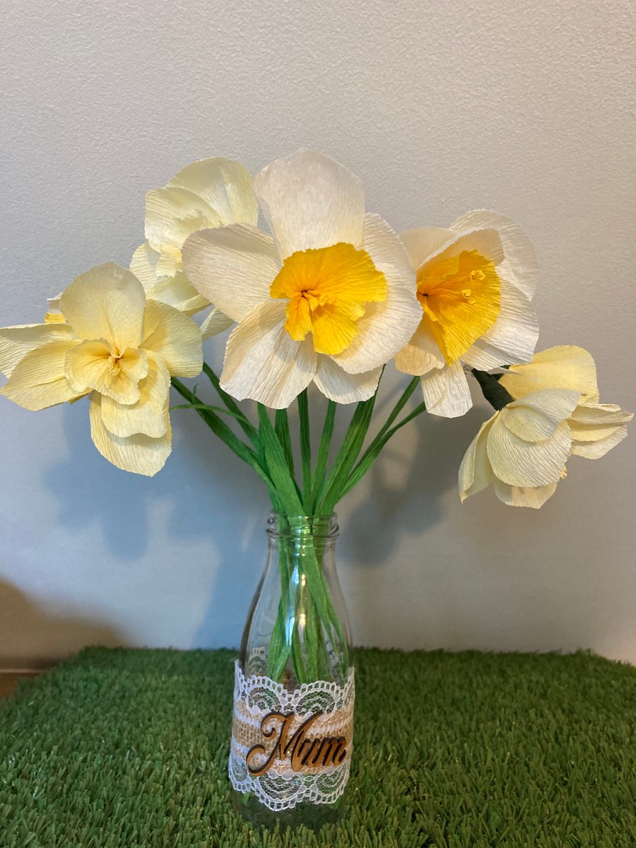 Paper Daffodils in a rustic milkbottle