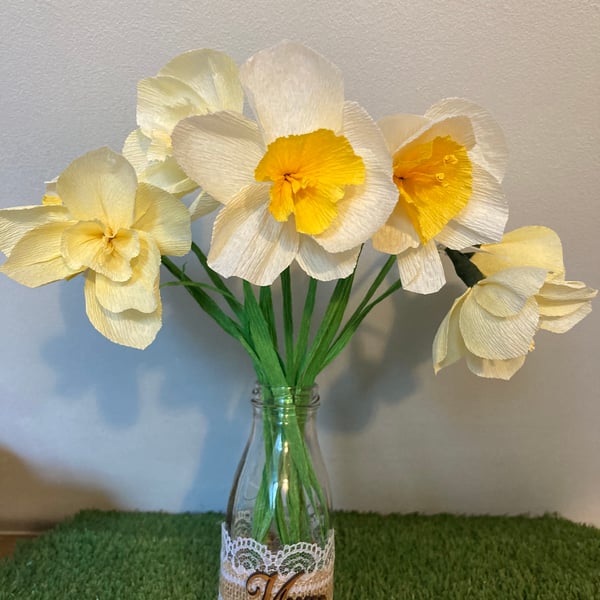 Paper Daffodils in a rustic milkbottle