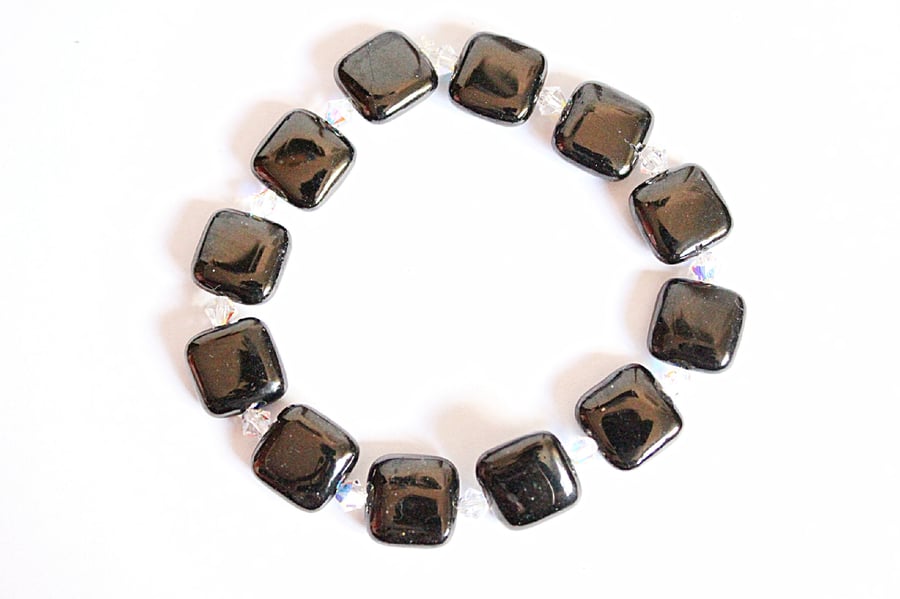 Square black onyx and Swarovski crystal bicone stacking bracelet 