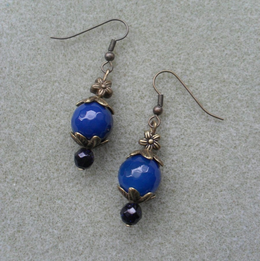 Blue Agate and Goldstone Bronze Earrings