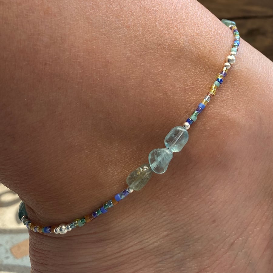 Turquoise Glass & Miyuki Beaded Anklet. Sterling Silver. Extension Chain. 