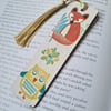 Wooden bookmark fox and owl woodland folk art design with tassel