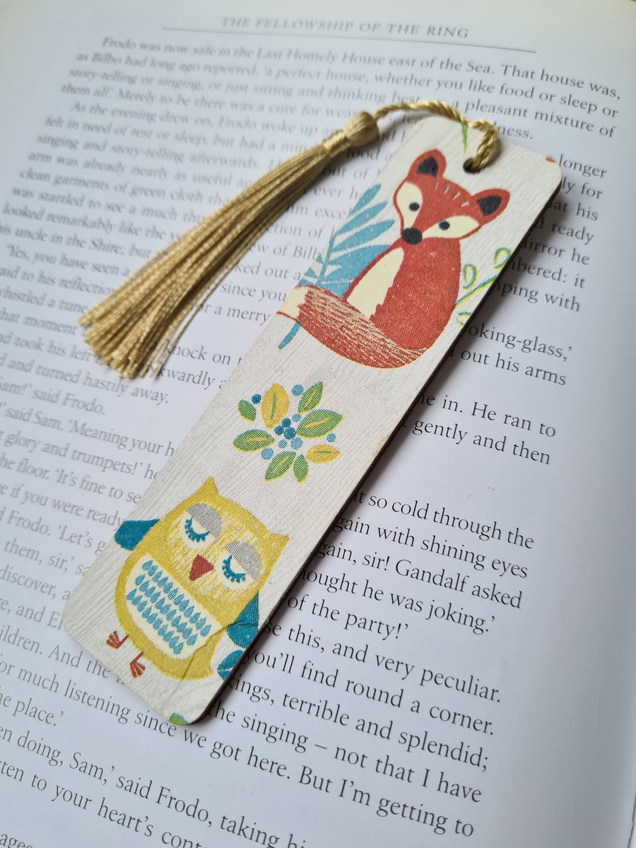 Wooden bookmark fox and owl woodland folk art design with tassel