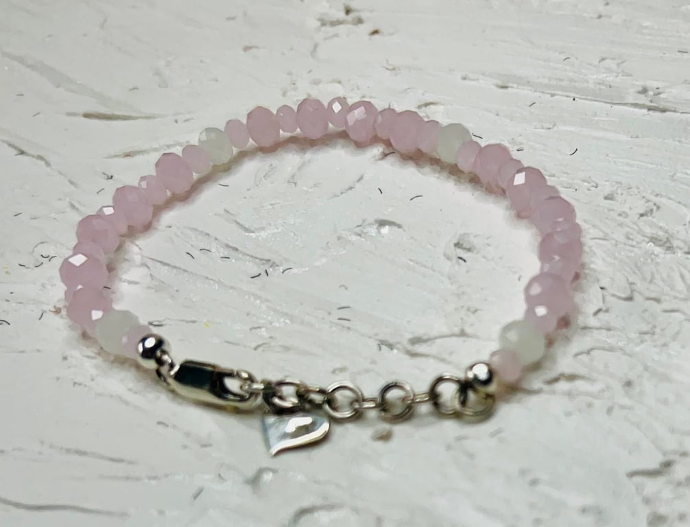 Faceted Rose Quartz Bead Bracelet with Sterling Silver Heart Charm & Extender Ch