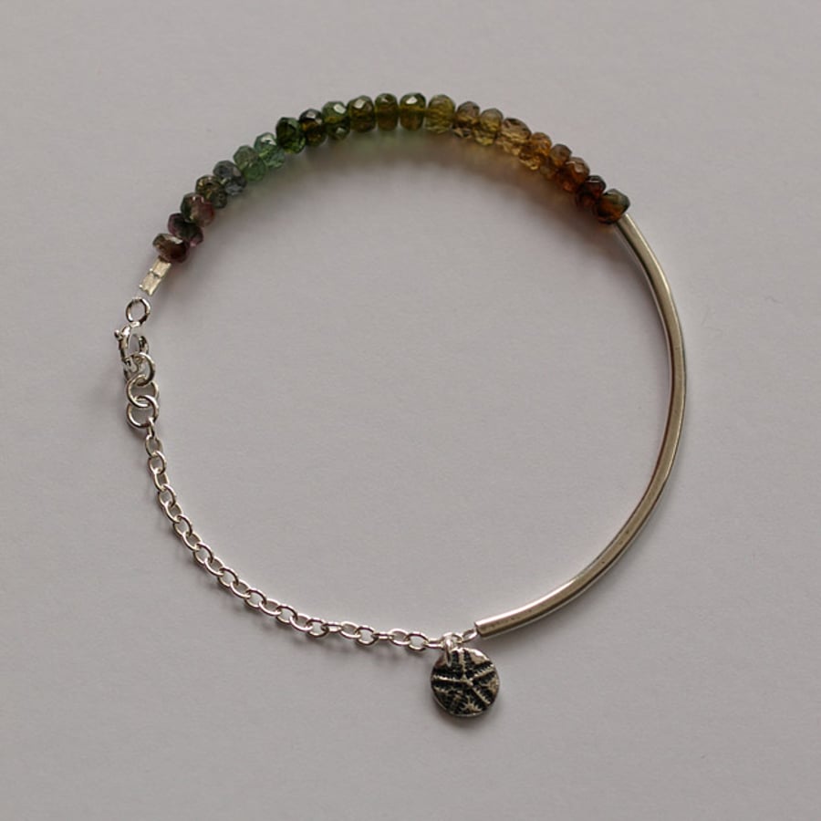 Silver Curved Bar Bracelet with Tourmaline Rainbow and Starfish Charm 