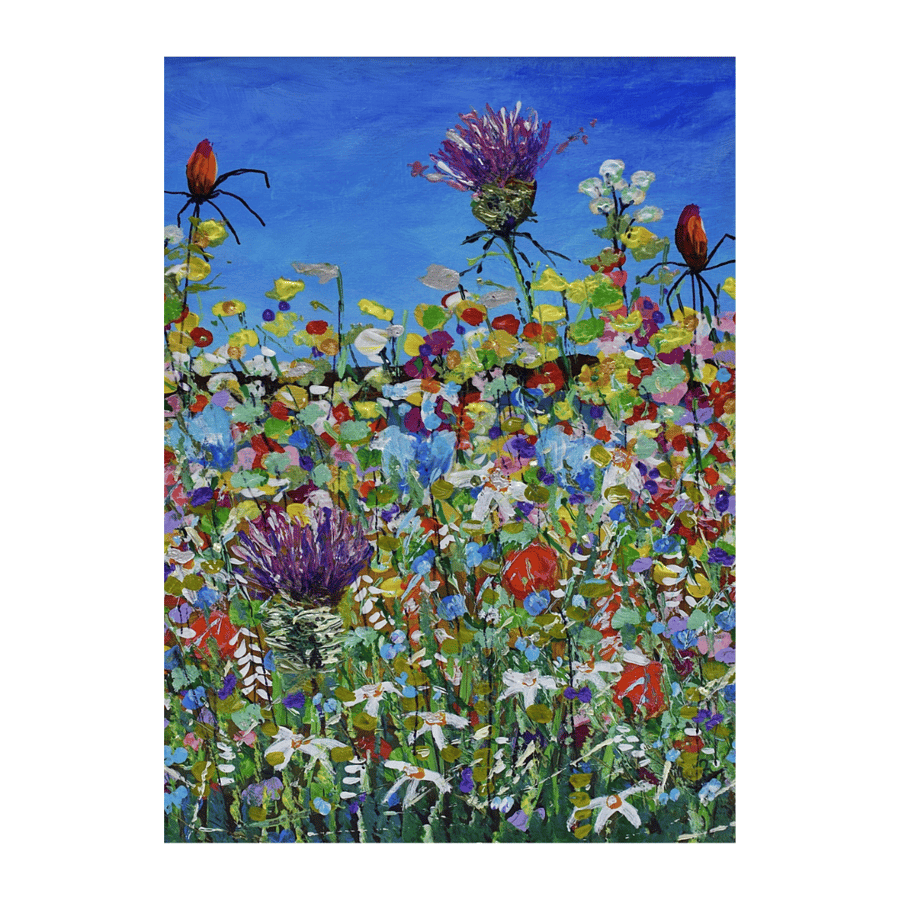 A mounted colourful acrylic painting on card - Scottish wildflowers 