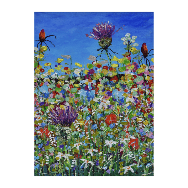 A mounted colourful acrylic painting on card - Scottish wildflowers 