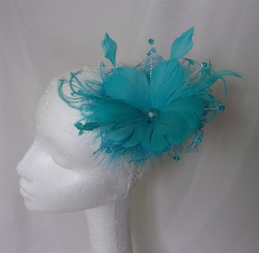 Pale Turquoise Blue Feather Flower and Crystal Fascinator Hair Accessory