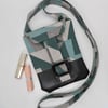 Cross body bag messenger black leather and cotton fabric green and grey