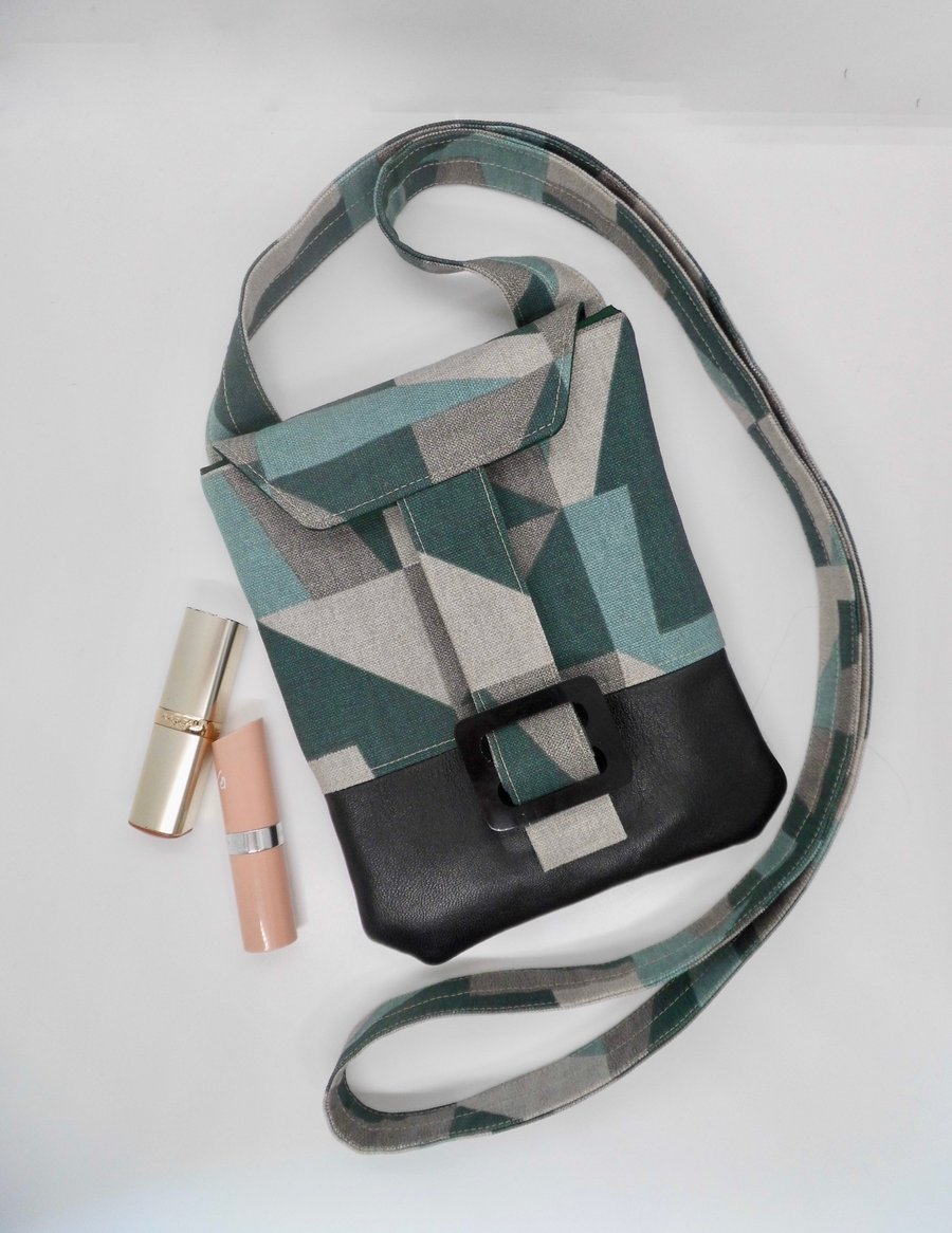 Cross body bag messenger black leather and cotton fabric green and grey