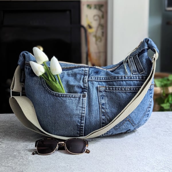 Denim Bag - Sling or Dumpling Bag with Elephant Print Lining. Cross Body Bag