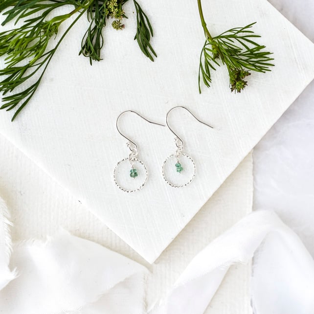Emerald and Sterling Silver Sparkling Slim Circle earrings