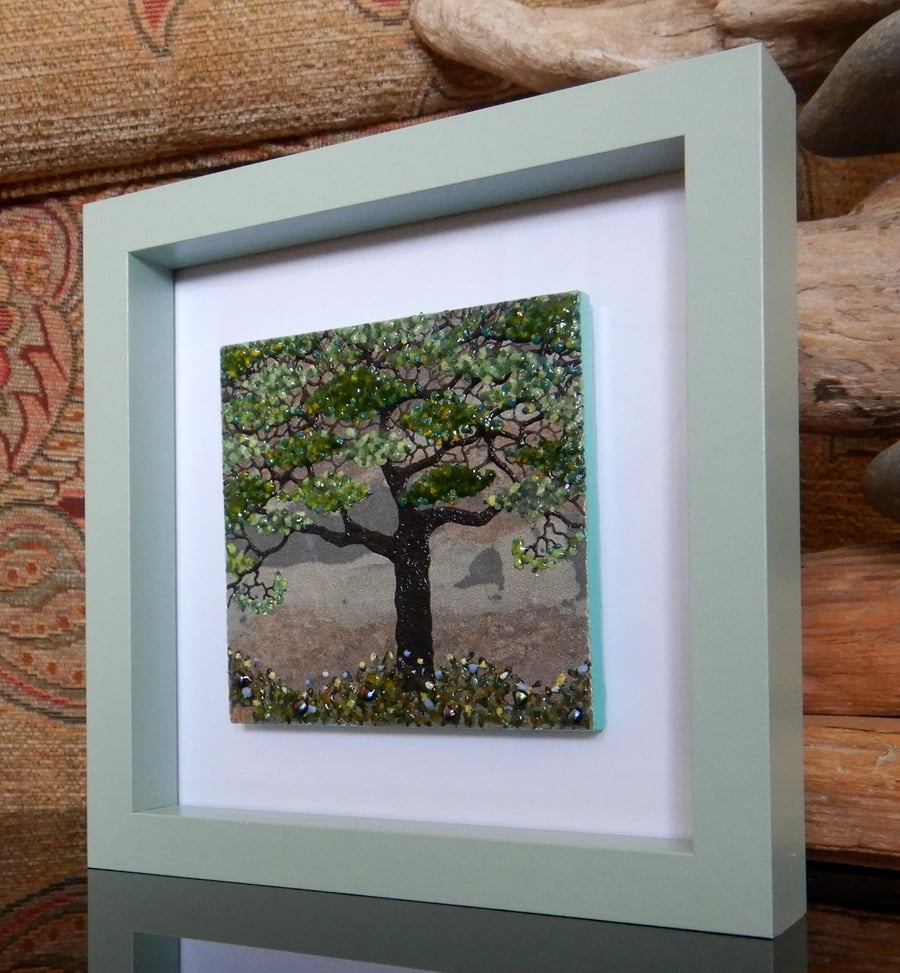 HANDMADE FUSED GLASS ON CERAMIC 'SPRING TREE' PICTURE