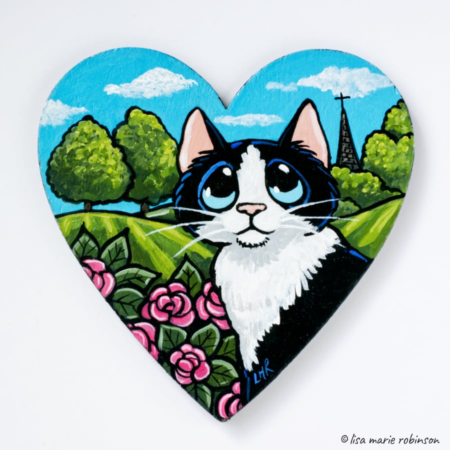 Black and White Cat Countryside - Hand Painted Magnetic Heart Art Fridge Magnet