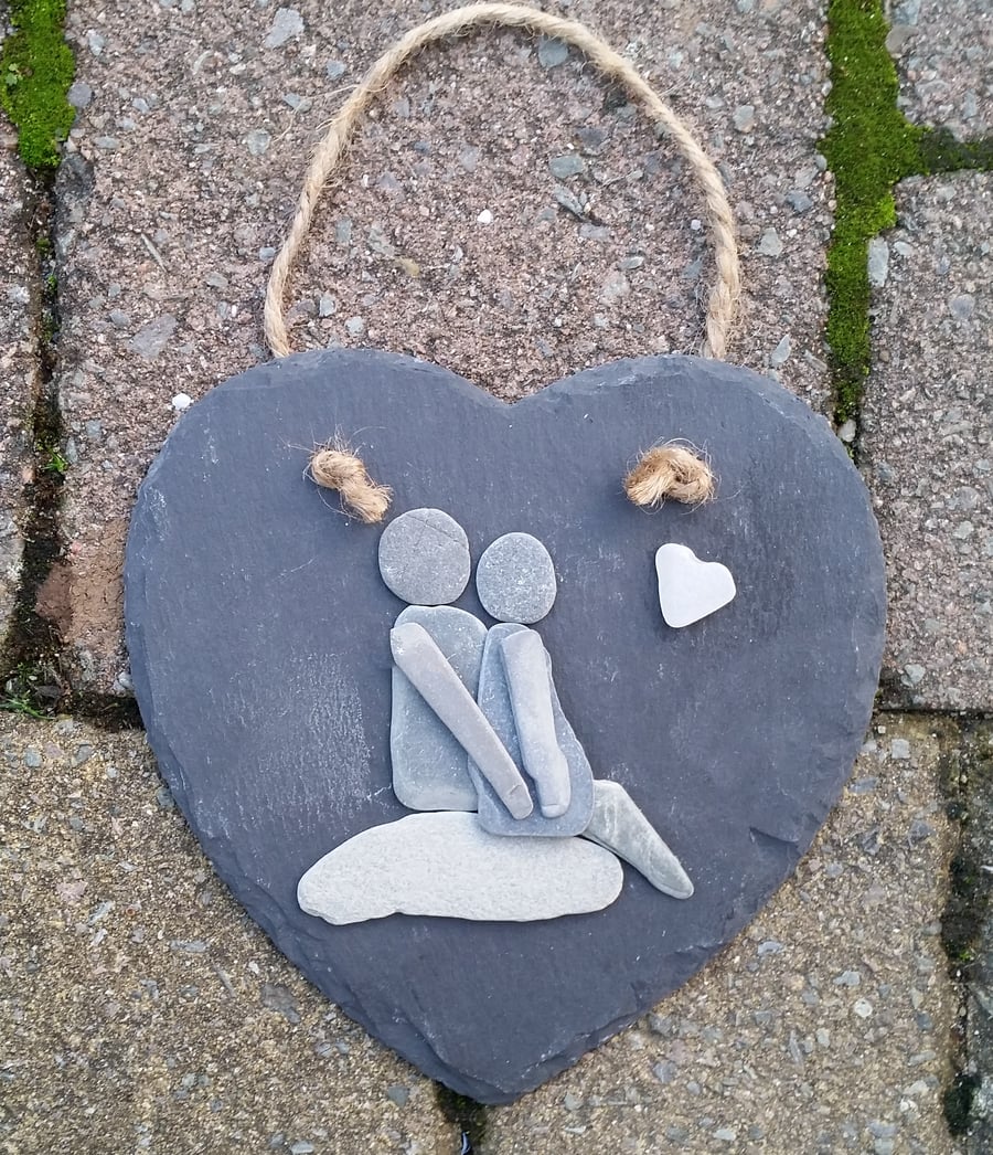 Loving Couple on Slate Heart. Pebble art, Pebble Picture