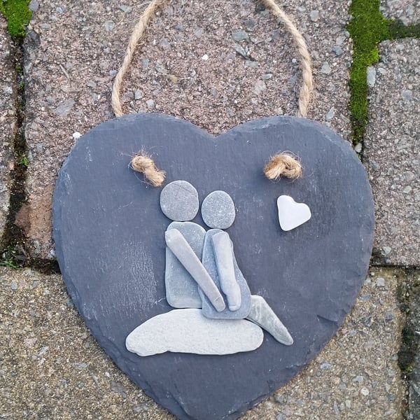 Loving Couple on Slate Heart. Pebble art, Pebble Picture