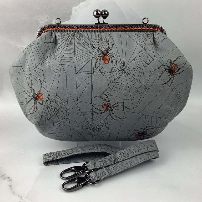 Spiders medium clutch bag, Gothic kiss clasp bag, detachable strap