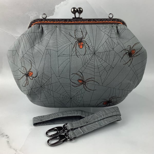 Spiders medium clutch bag, Gothic kiss clasp bag, detachable strap