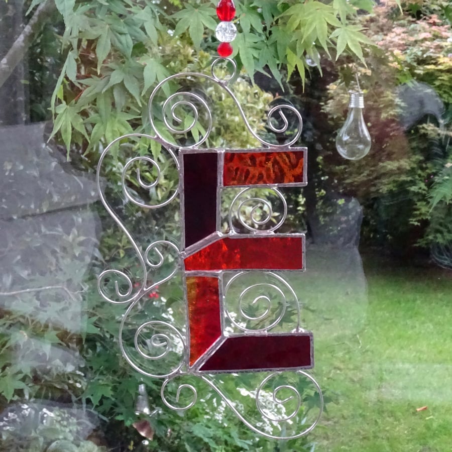 Stained Glass Letter E Suncatcher - Red and orange
