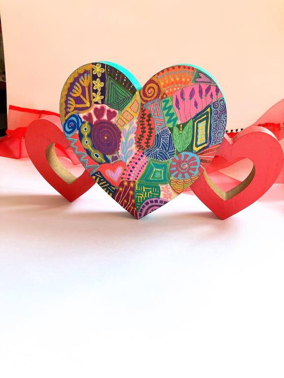 Hand doodle painted 3 standing heart decoration  
