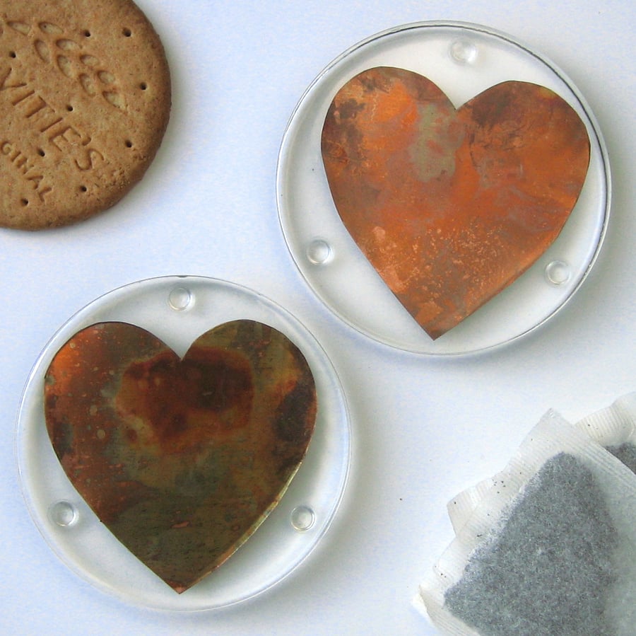 Pair of Coasters, Copper Hearts in Resin