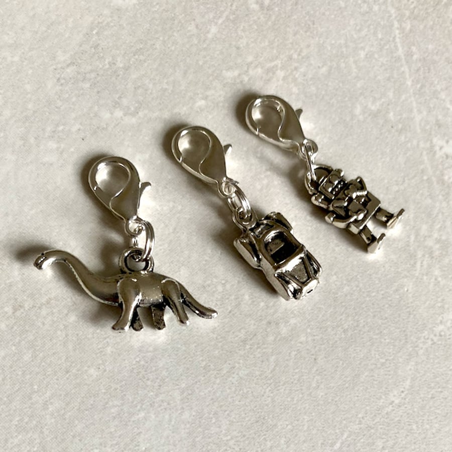 Car, Robot, Dinosaur clip on charms, zipper pulls, charms for boys, Set of 3