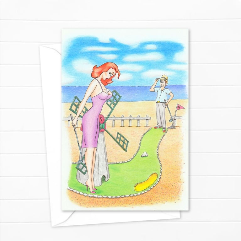Crazy Golf Greeting Card: Seaside Postcard Style Pencil Illustration (805)
