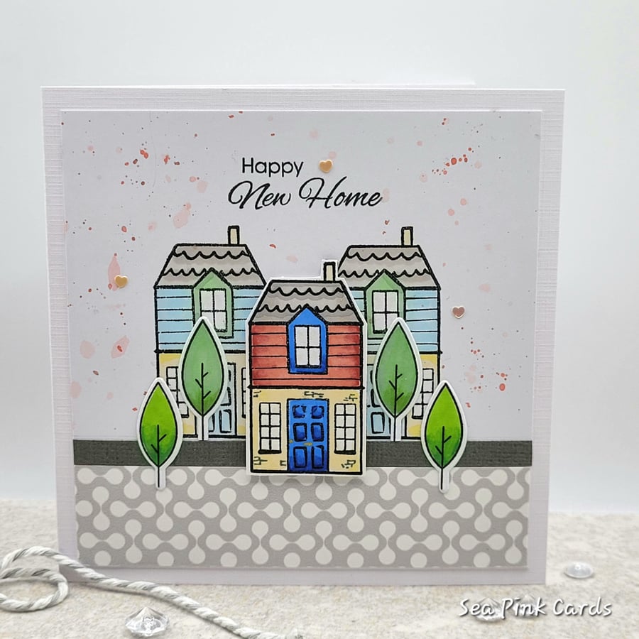 New Home Card - houses, happy new home, patterned, handmade