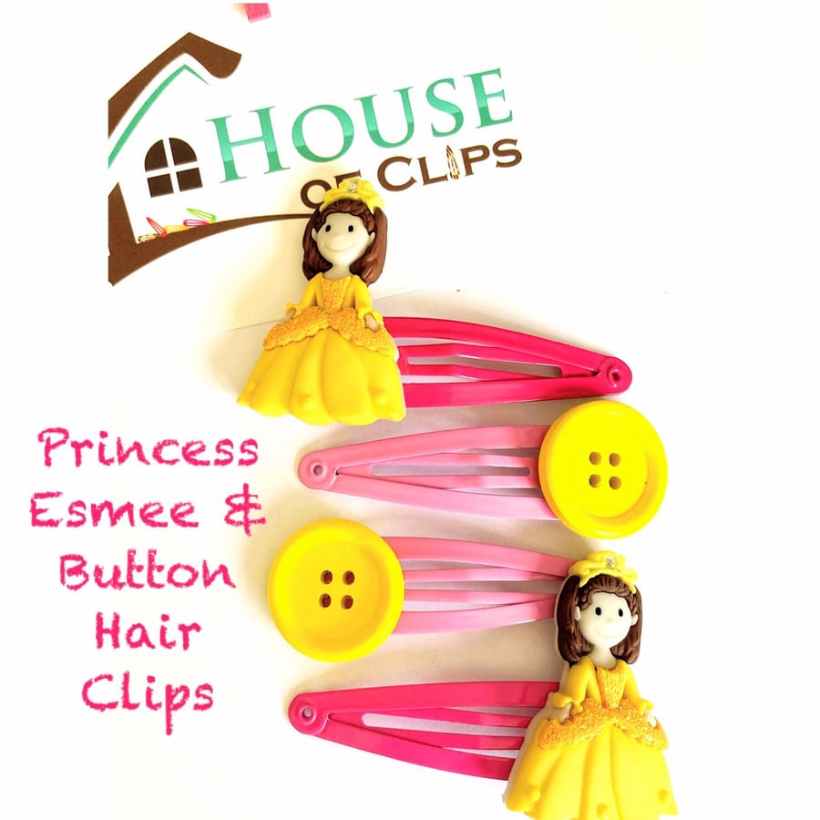 Princess Esmee & Button Hair Clips - Princess Hair Clips x4 - Princess Barrettes