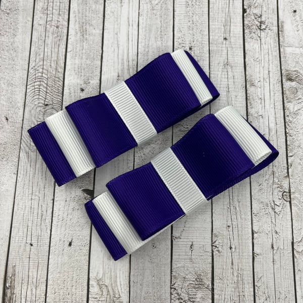 Purple and White 3 inch Straight Bows on Clips (pair)