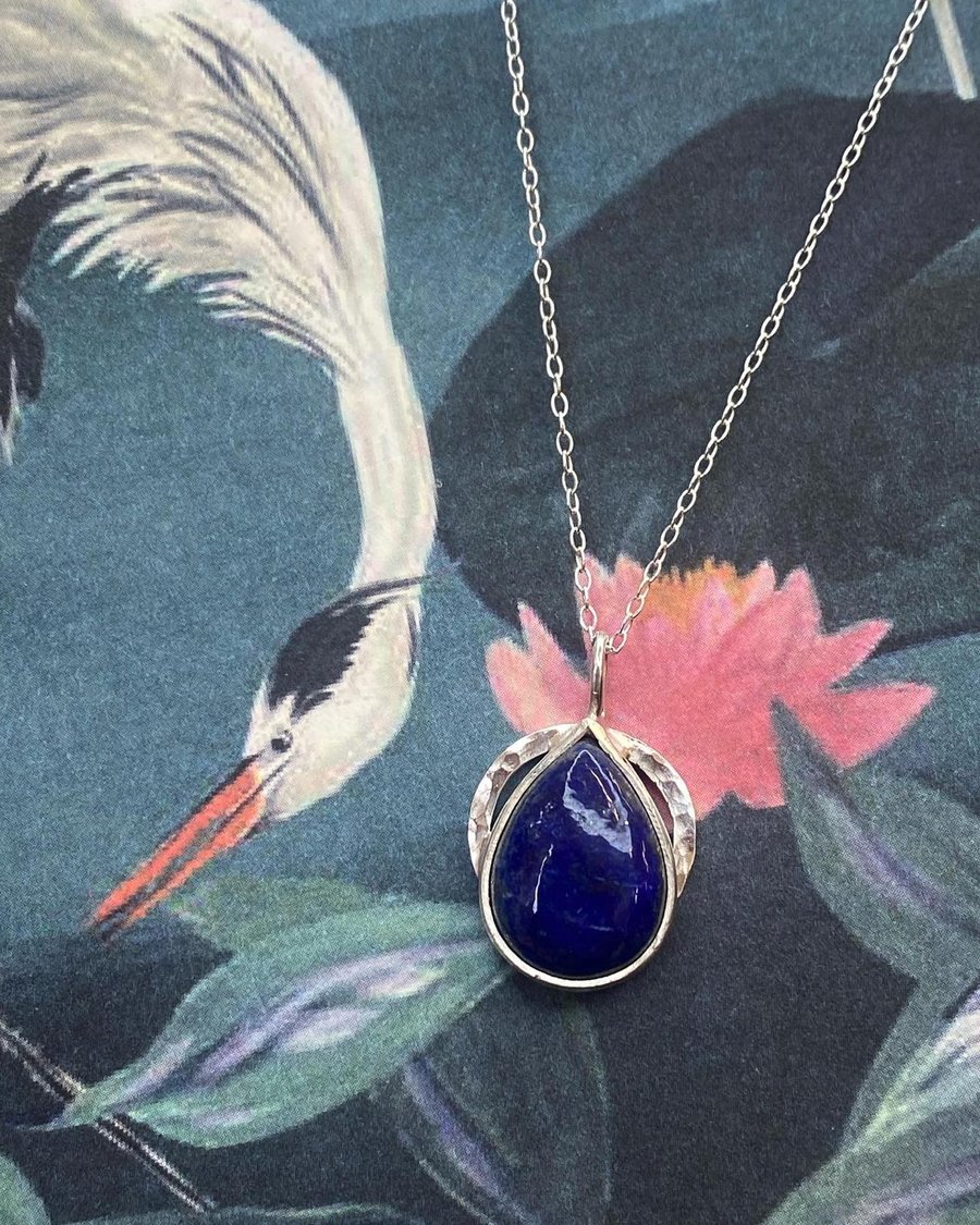 Deep blue, pear shaped lapis lazuli pendant set in recycled 925 sterling silver