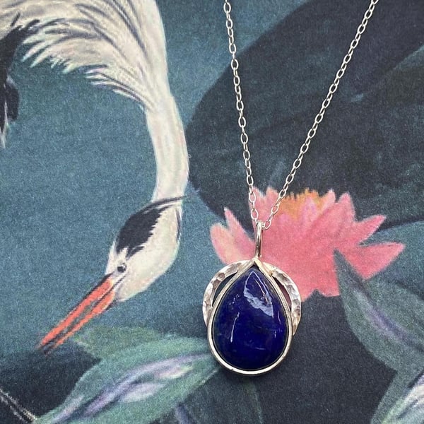 Deep blue, pear shaped lapis lazuli pendant set in recycled 925 sterling silver