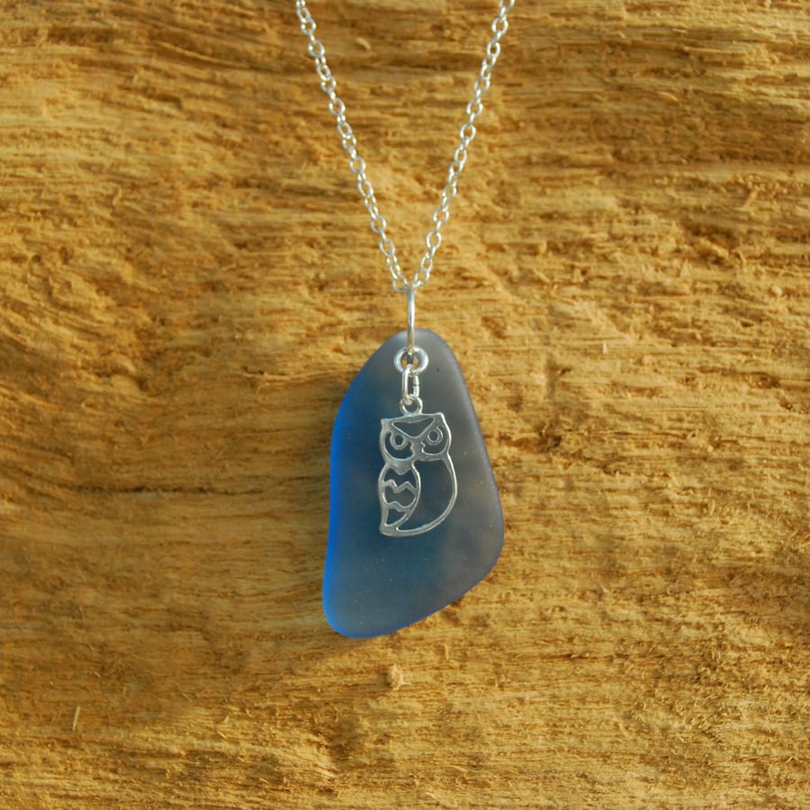Blue beach glass pendant with owl charm