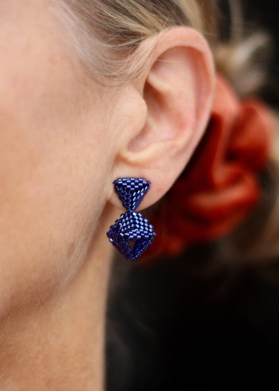 Sapphire blue octahedron handmade beaded earrings, with free UK delivery.