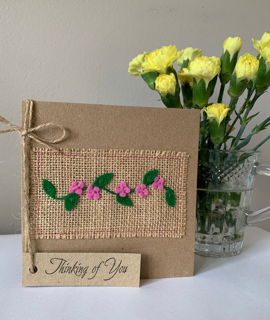 Thinking Of You Card. Rose pink flowers. Wool felt. Handmade. 