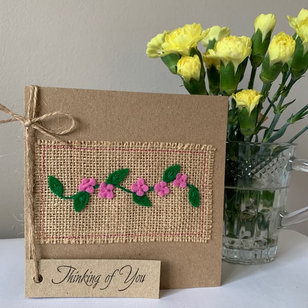 Thinking Of You Card. Rose pink flowers. Wool felt. Handmade. 