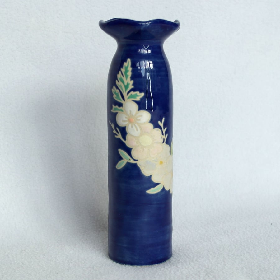 19-100 Ceramic stoneware pottery hand thrown vase decorated with flowers.