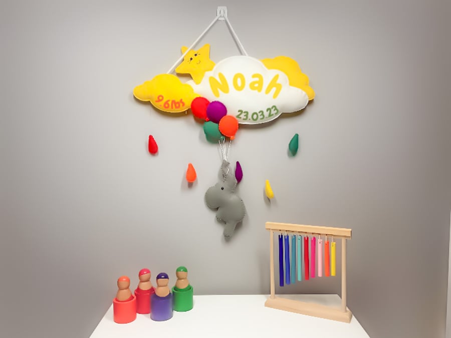 Multi-coloured Balloons - Personalised felt nursery wall and door sign