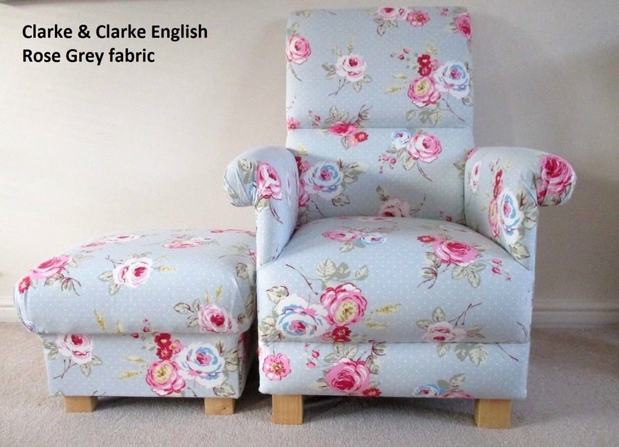 Grey Pink Floral Chair Adult Armchair & Footstool Clarke English Rose Fabric 