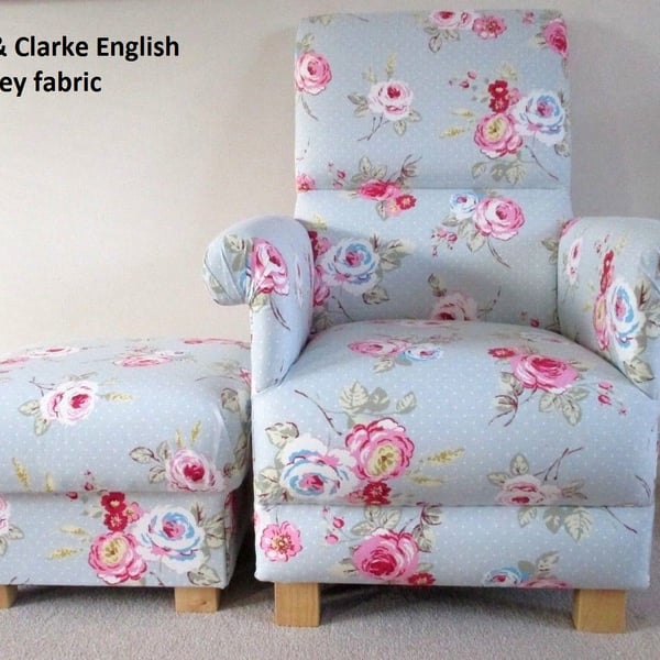 Grey Pink Floral Chair Adult Armchair & Footstool Clarke English Rose Fabric 
